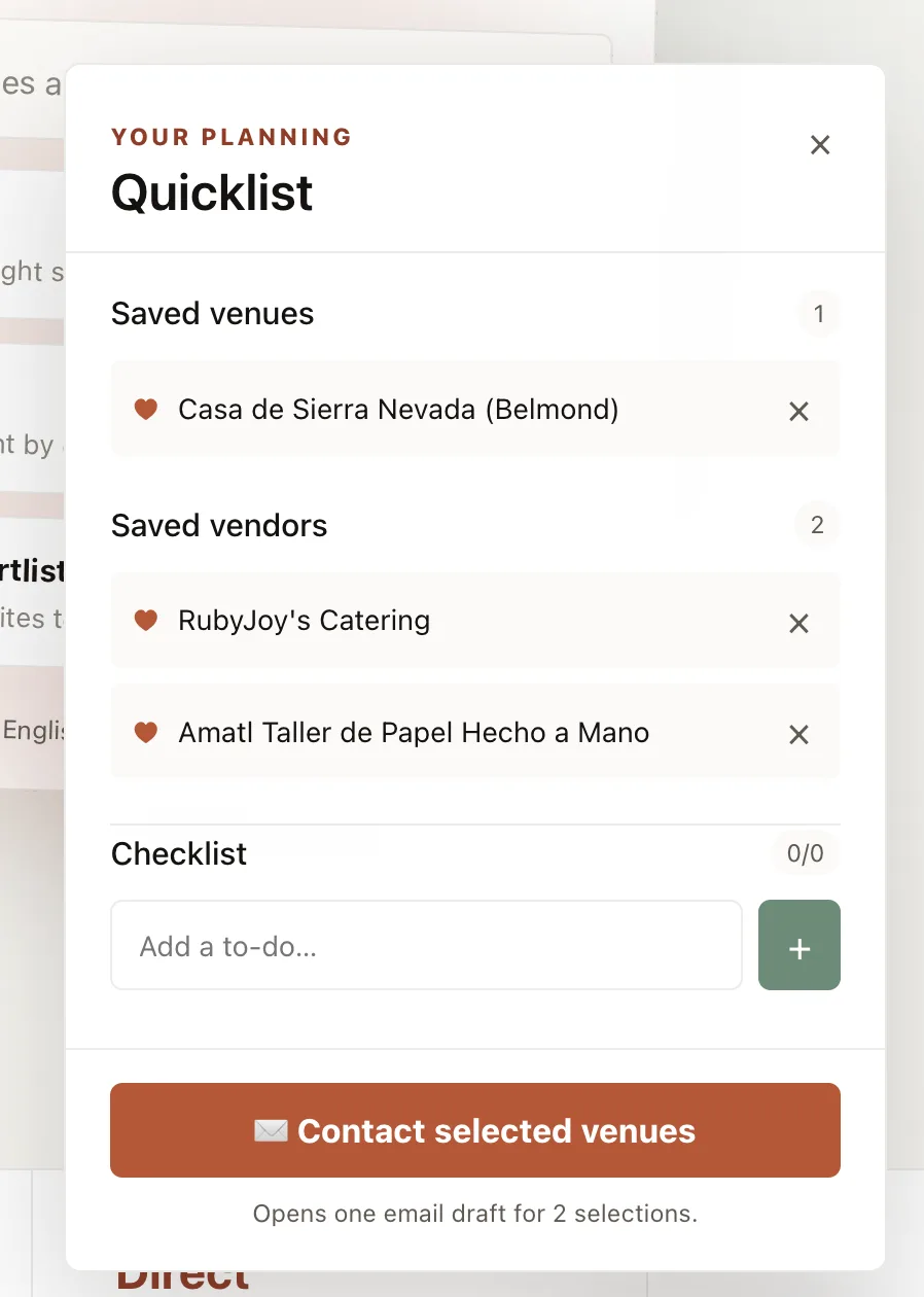 Quicklist with saved venues, vendors, and planning tasks