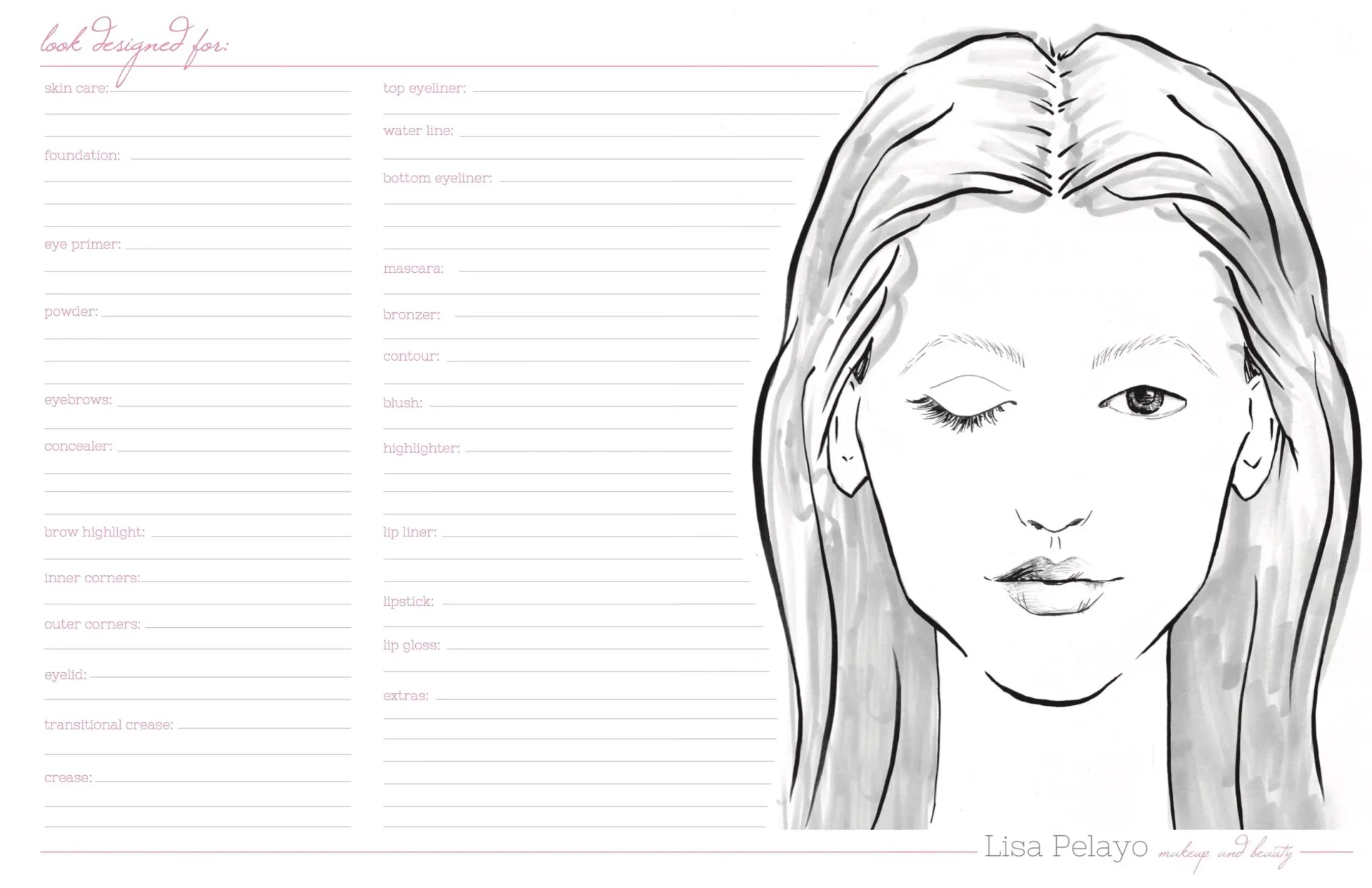 Bridal face chart illustrating a custom makeup design