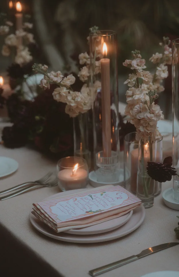 Candlelit wedding place setting with floral arrangements and a handwritten menu