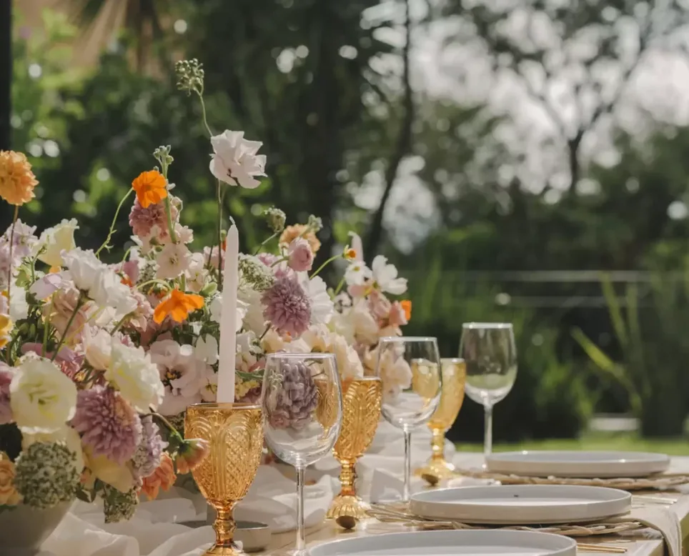 Elegant outdoor wedding tablescape with pastel flowers and amber glassware by ZUMO