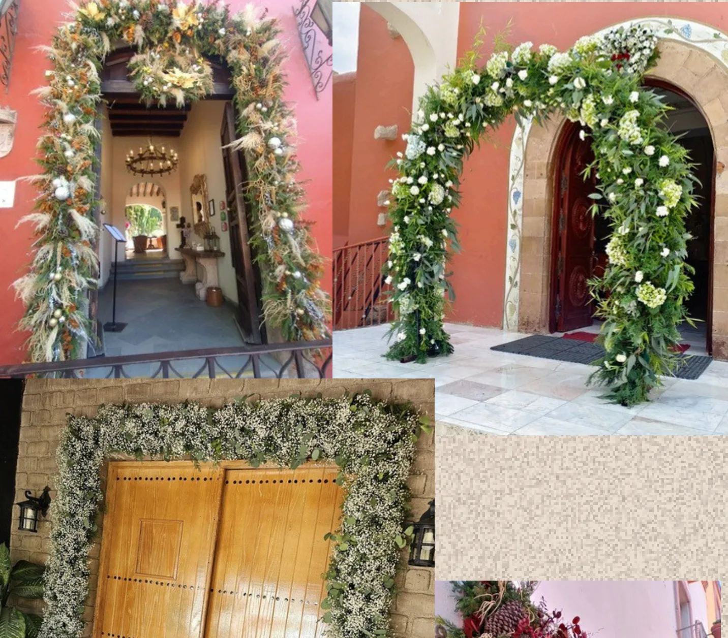 Floral entrance installations framing doors at San Miguel de Allende venues