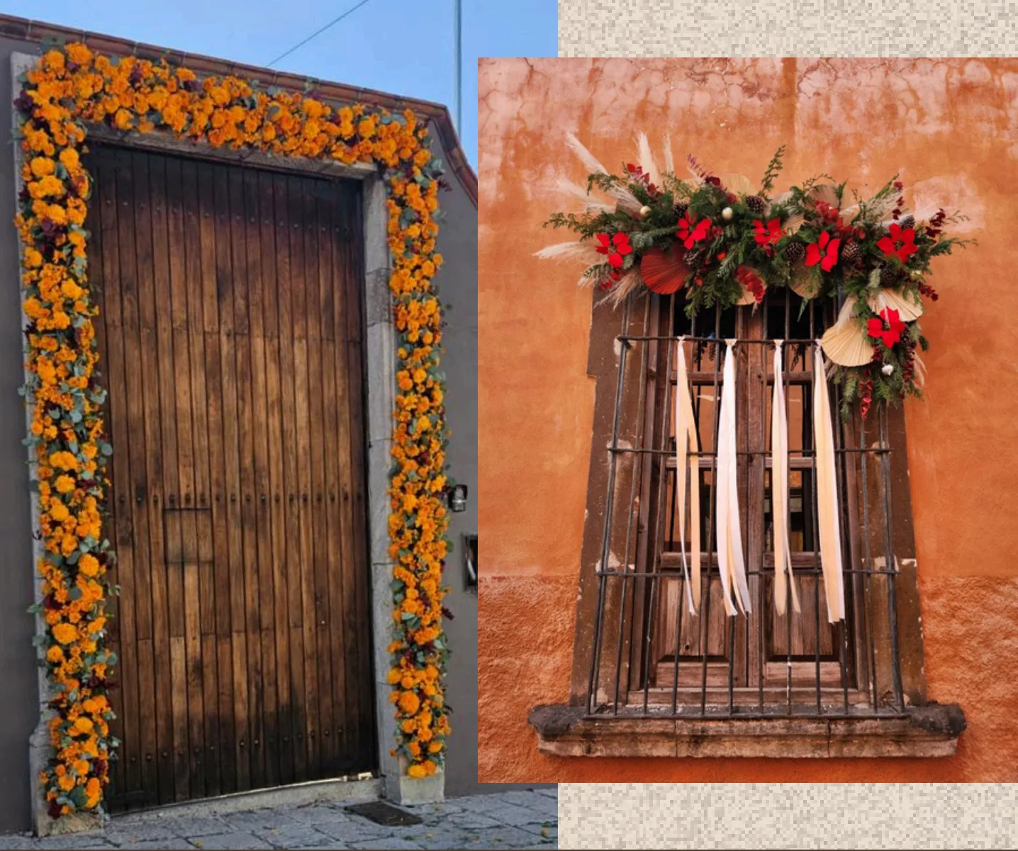 Marigold doorway and festive floral window installation in San Miguel de Allende