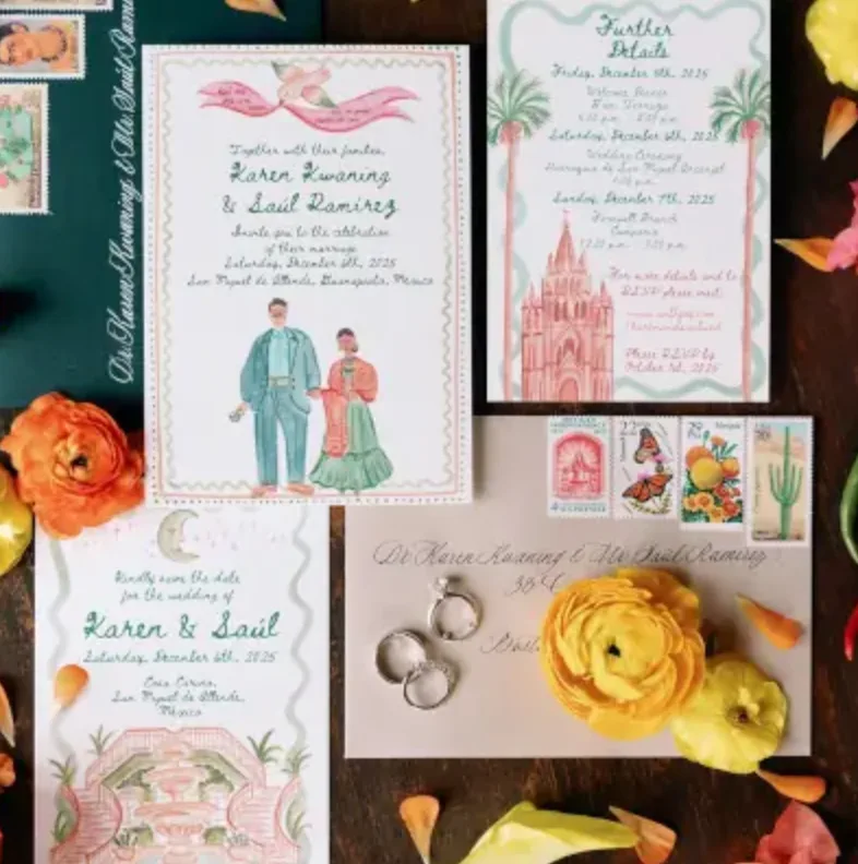 Illustrated San Miguel de Allende wedding stationery with flowers, stamps and rings