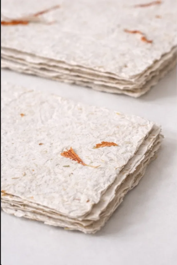Amatl deckle-edge cards with marigold-petal inclusions