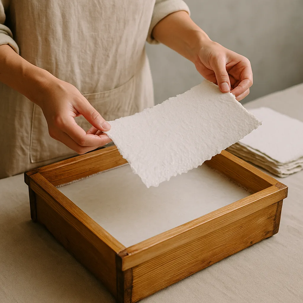 A sheet of handmade paper being lifted from a mold at Amatl