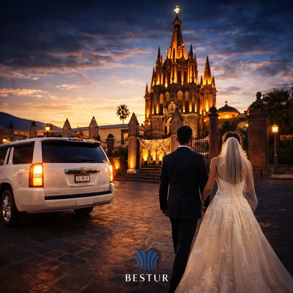 Wedding couple beside a luxury SUV in San Miguel de Allende