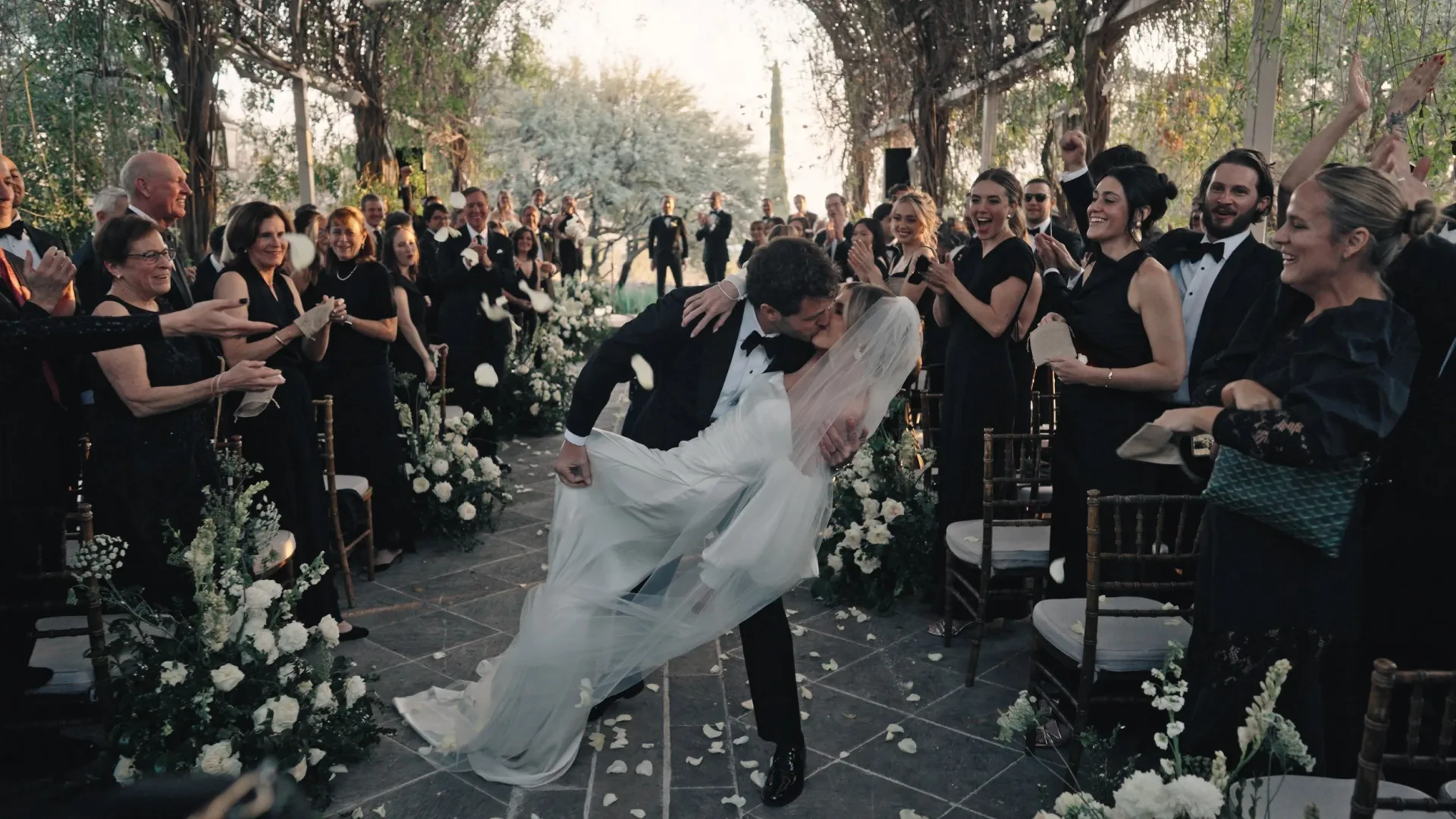 Cinematic still of a newlywed couple