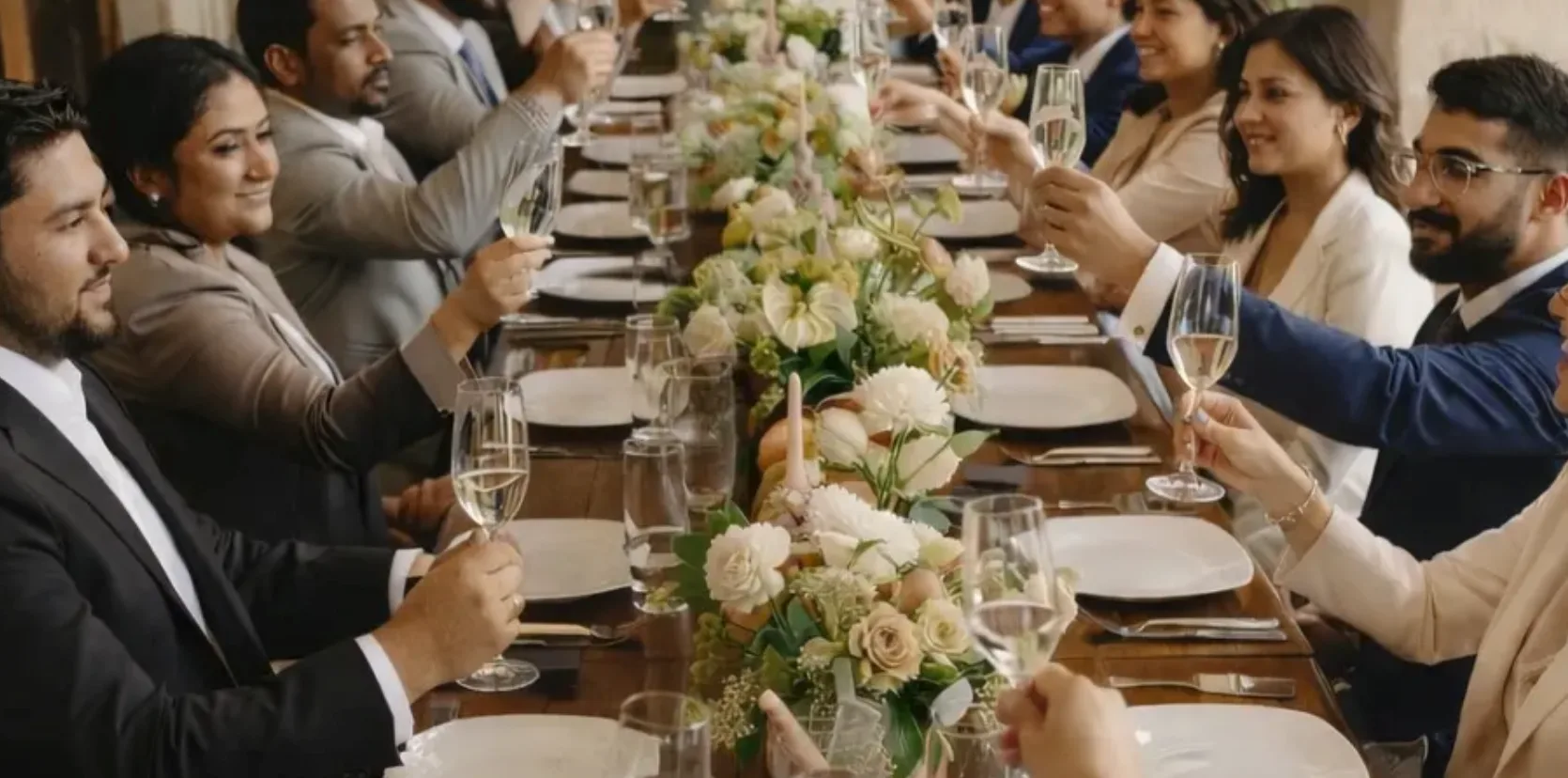 Wedding guests raising a toast around a floral reception table
