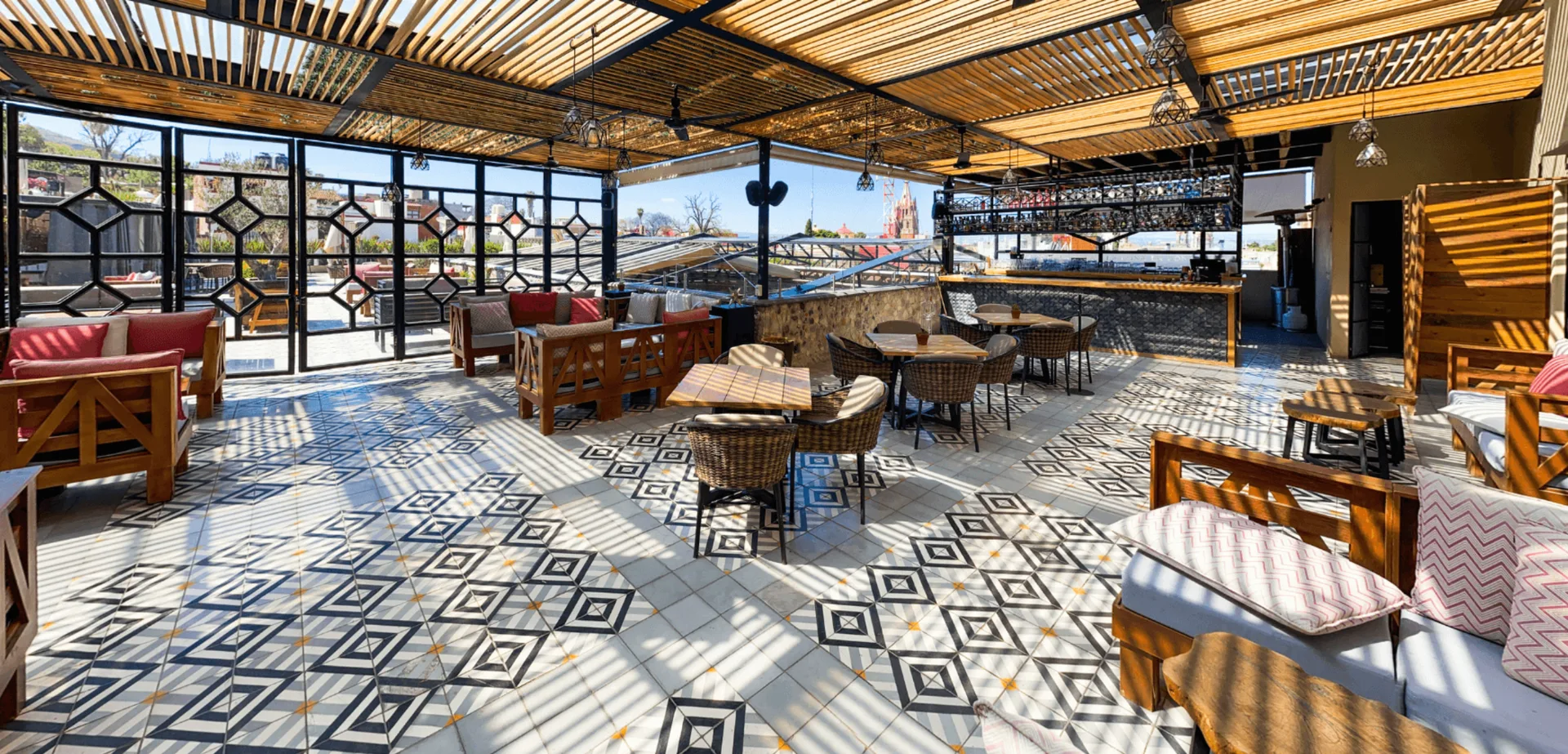 Covered rooftop lounge and bar at Hotel Nena in San Miguel de Allende