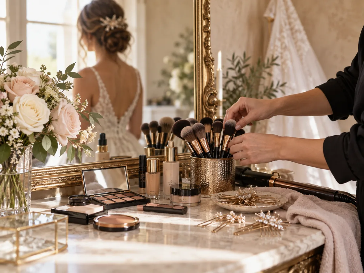 Generic stock image of bridal hair and makeup preparation